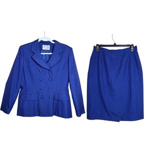 Le Suit Royal Blue Double Breasted Blazer Skirt Suit 10P Office Career Formal